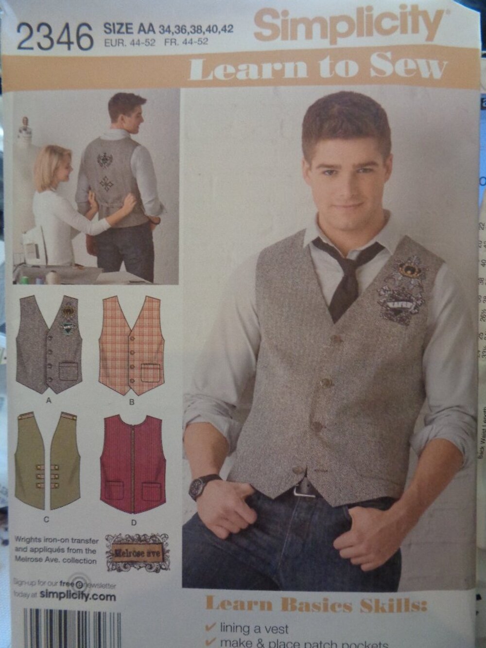 Simplicity Sewing Pattern 2346 Men's Vest 34 36 38 40 42